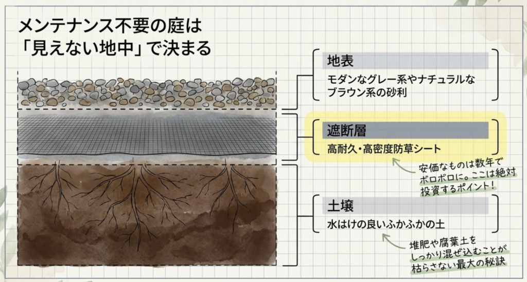 メンテナンスを楽にする万全な雑草対策と土壌改良