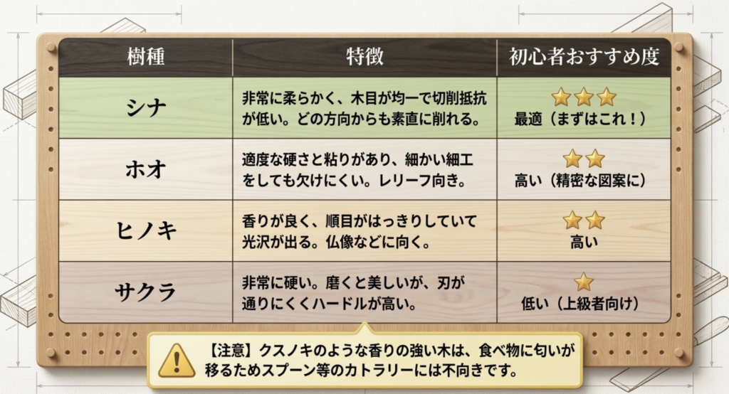 加工しやすいシナやホオノキの物理的特性
